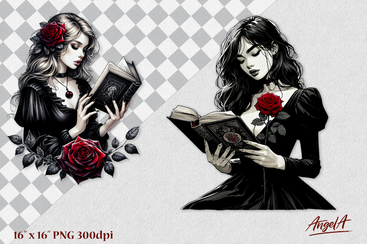Gothic floral book lover clipart, girl reading book PNG