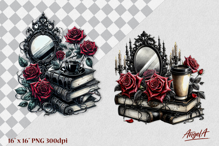 Gothic floral book lover clipart, vintage mirror, coffee PNG