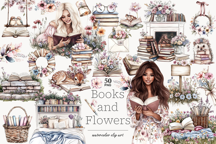 Book Lover Clipart | Books Flowers Illustration with Animals