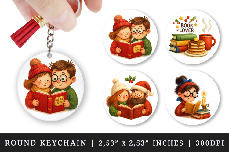 Book Lover round keychain pintable sublimation design png