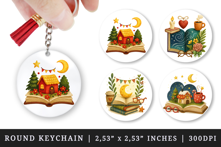 Book Lover round keychain pintable sublimation design png