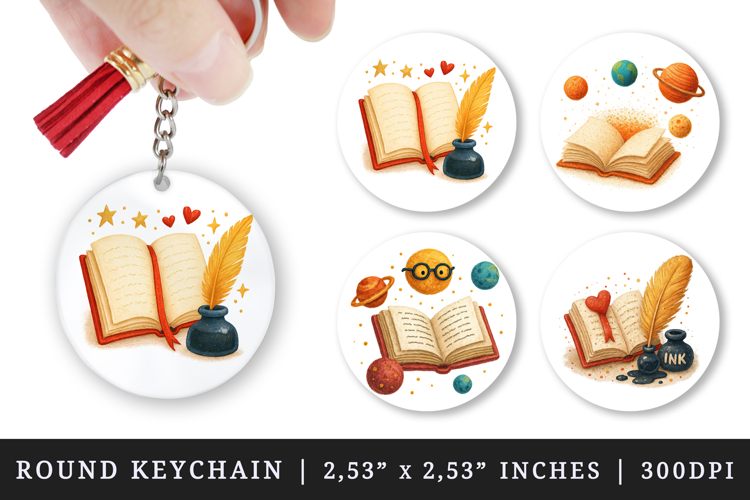 Book Lover round keychain pintable sublimation design png