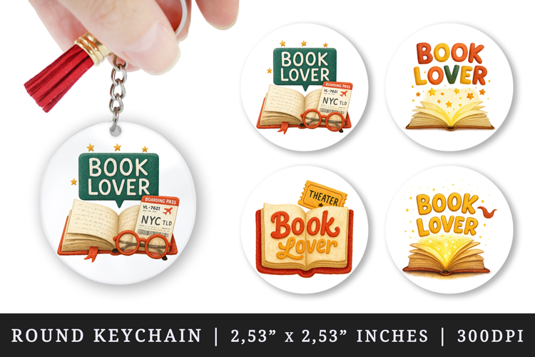 Book Lover round keychain pintable sublimation design png