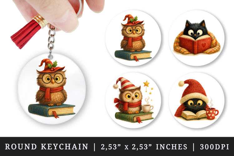 Book Lover round keychain pintable sublimation design png