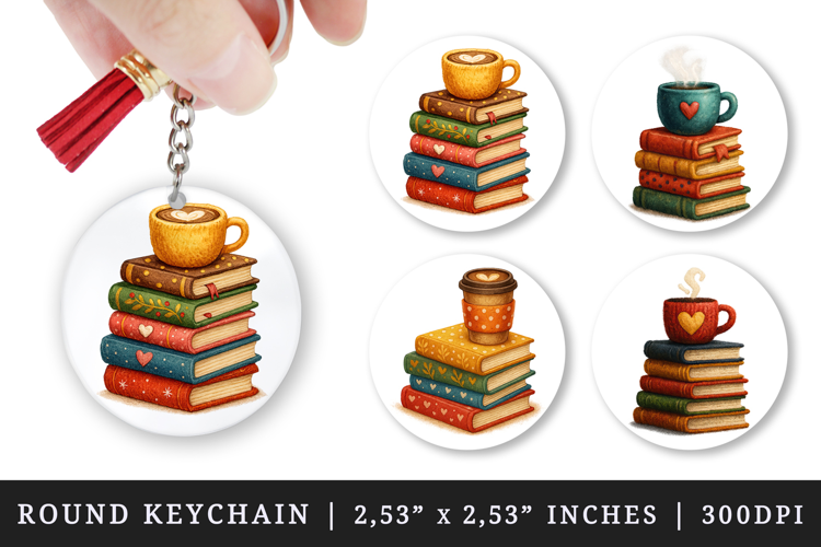 Book Lover round keychain pintable sublimation design png