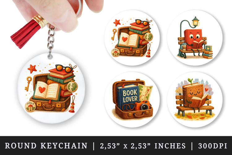 Book Lover round keychain pintable sublimation design png