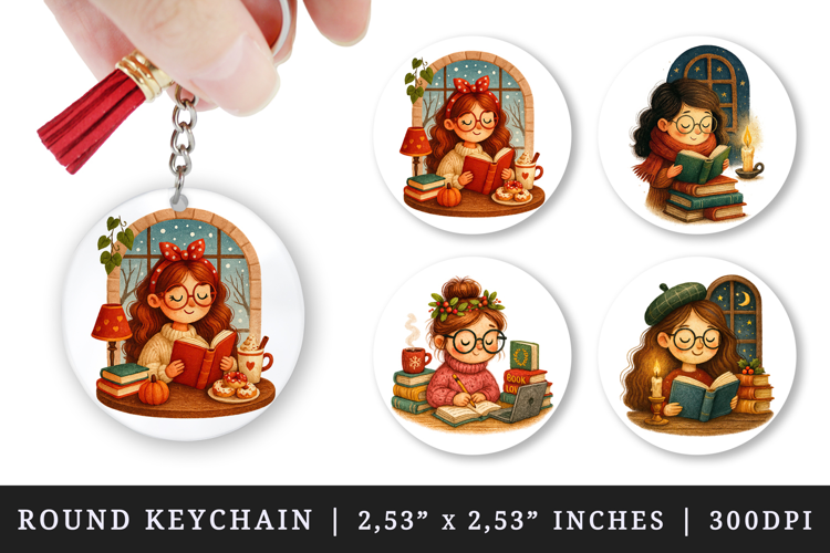 Book Lover round keychain pintable sublimation design png