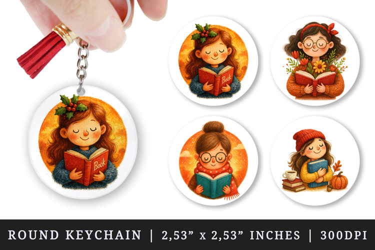 Book Lover round keychain pintable sublimation design png