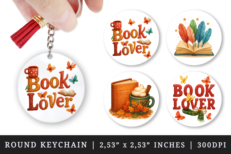 Book Lover round keychain pintable sublimation design png