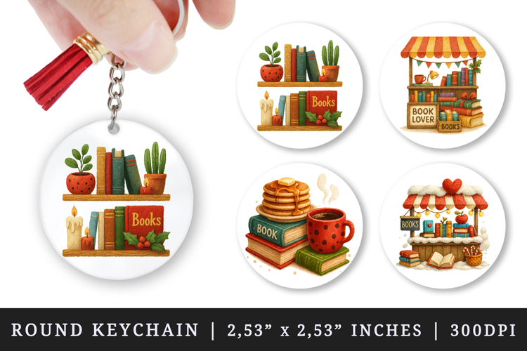 Book Lover round keychain pintable sublimation design png