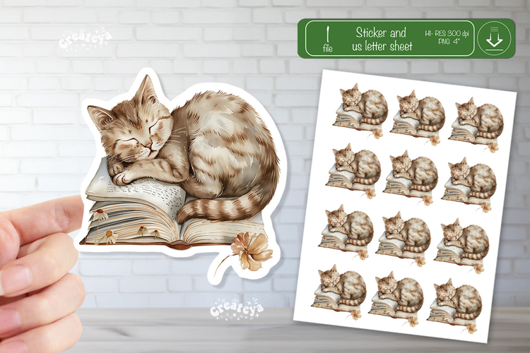 Watercolor Book Stickers Book lover printable stickers Cat example image 1
