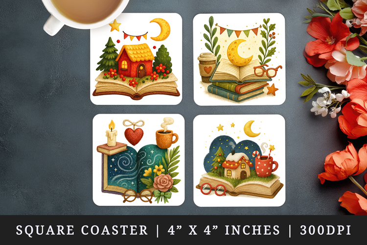 Book Lover square coaster sublimation, coasters design