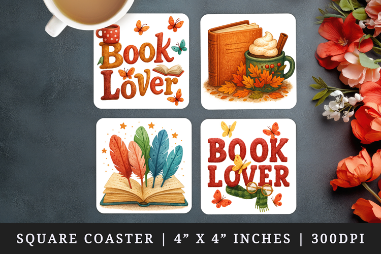 Book Lover square coaster sublimation, coasters design
