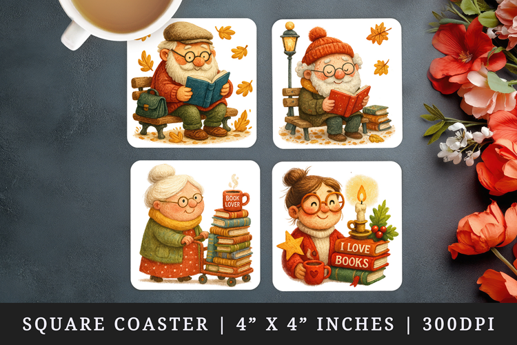 Book Lover square coaster sublimation, coasters design