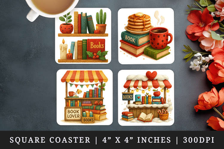 Book Lover square coaster sublimation, coasters design
