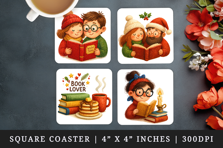 Book Lover square coaster sublimation, coasters design