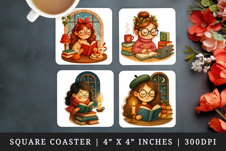 Book Lover square coaster sublimation, coasters design
