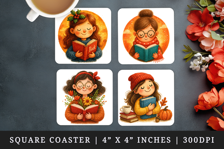 Book Lover square coaster sublimation, coasters design