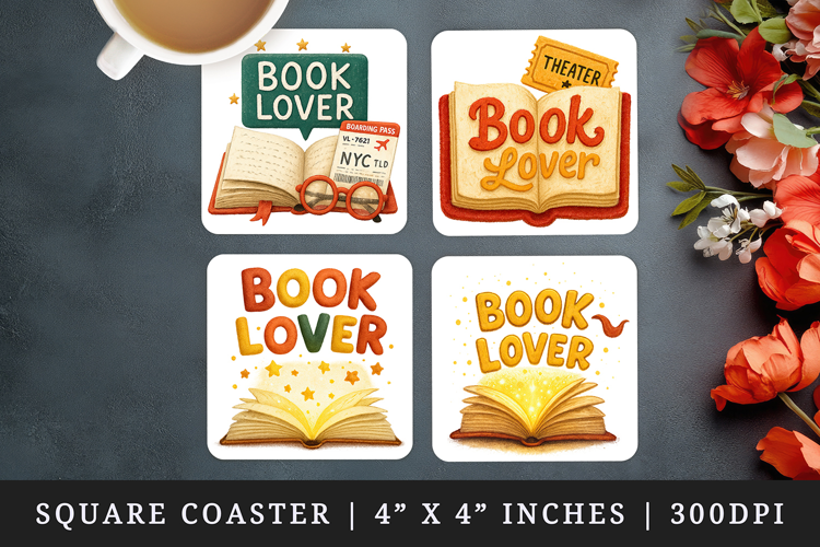 Book Lover square coaster sublimation, coasters design