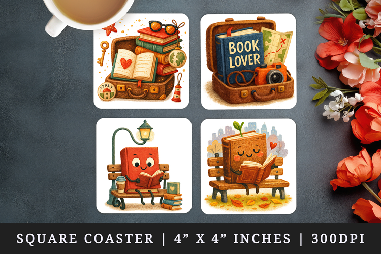 Book Lover square coaster sublimation, coasters design