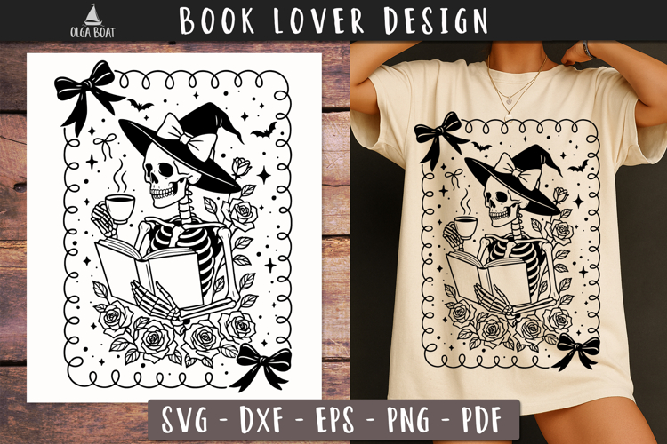 Witchy Skeleton Reading SVG Floral Book Lover design