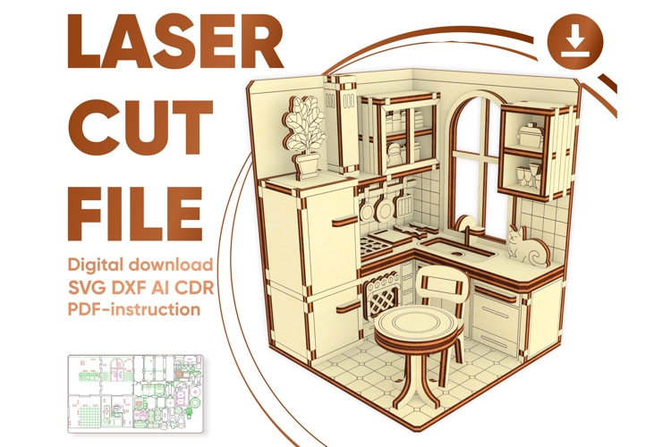 Book Nook Kitchen Laser Cut File, DIY Diorama SVG Project