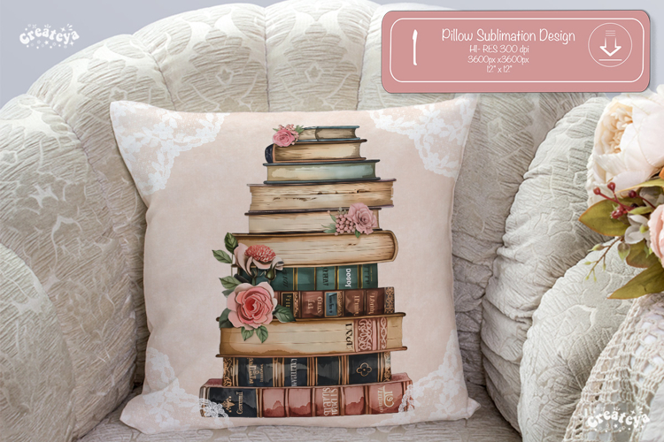 Book lover Pillow case sublimation watercolor old books png