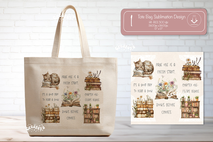 Book Lover Quote Tote Bag Sublimation Vintage Watercolor