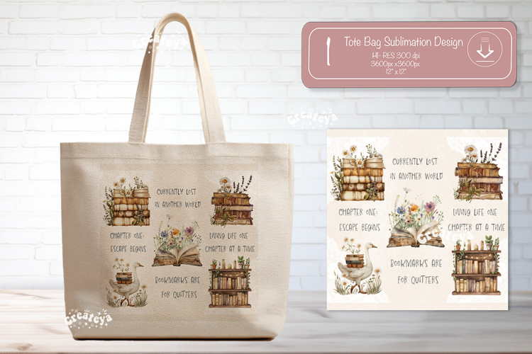 Book Lover Quote Tote Bag Sublimation Vintage Watercolor