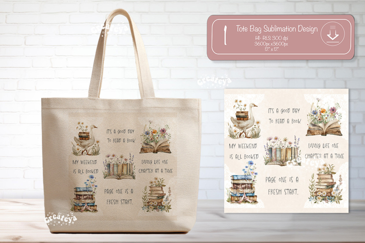 Book Lover Quote Tote Bag Sublimation Vintage Watercolor
