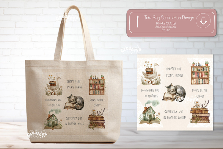 Book Lover Quote Tote Bag Sublimation Vintage Watercolor