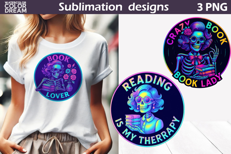 Neon Skeleton Book Lady | Funny Reading Sublimation