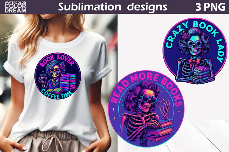 Neon Skeleton Book Lover| Funny Reading Sublimation