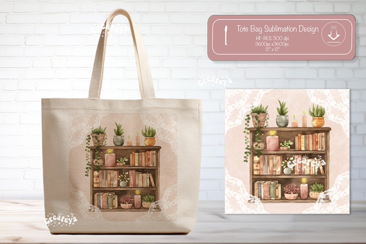 Book Lover Tote Bag Sublimation Vintage Watercolor bookshelf