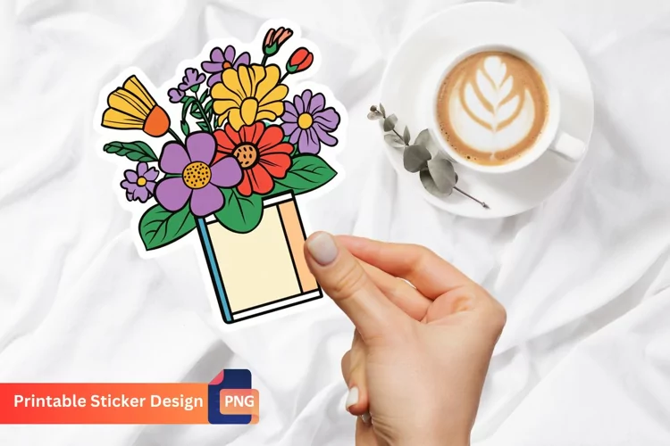 Book With Colorful Flowers Sticker, Botanical Art Sticker