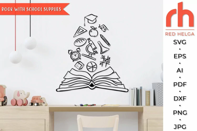 Book with School Supplies SVG, Librarian Cut File, Open Book