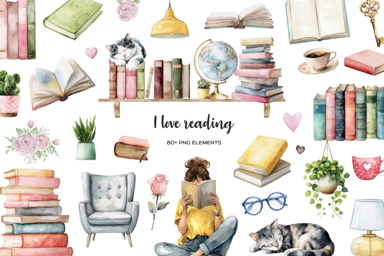 Watercolor Book lover clipart Book lovers day I Love Reading