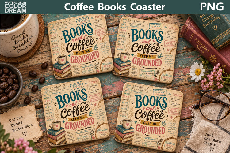 Books Coffee Square Coaster | Library Card Sublimation example image 1