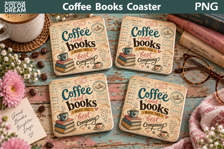 Books Coffee Square Coaster | Library Card Sublimation example image 1