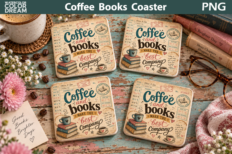 Books Coffee Square Coaster | Library Card Sublimation