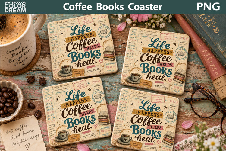 Books Coffee Square Coaster | Library Card Sublimation example image 1