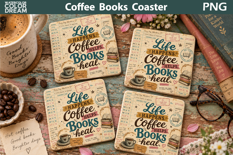 Books Coffee Square Coaster | Library Card Sublimation