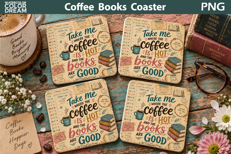 Coffee Books Quote | Library Card Sublimation example image 1