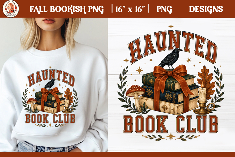 Fall bookish PNG design with haunted book club quote