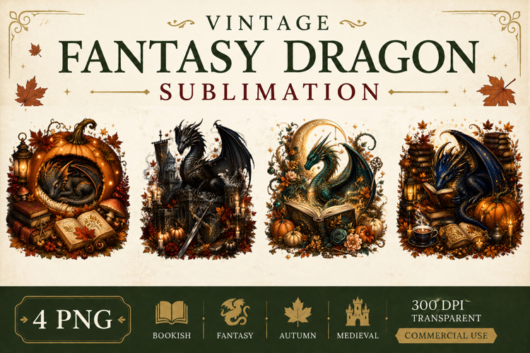 Vintage Fantasy Dragon Sublimation, Autumn Dragon Clipart