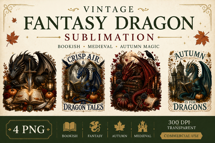 Vintage Fantasy Dragon Sublimation, Autumn Dragon Clipart