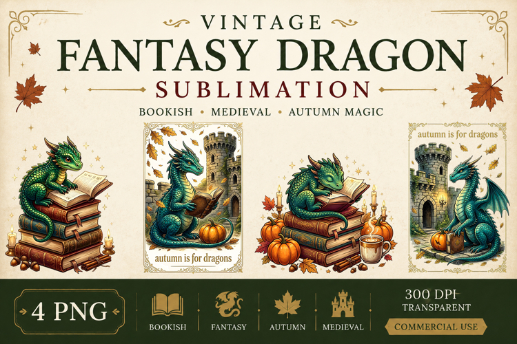 Vintage Fantasy Dragon Sublimation, Autumn Dragon Clipart