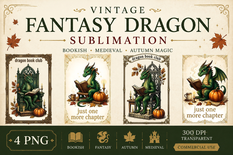 Vintage Fantasy Dragon Sublimation, Autumn Dragon Clipart