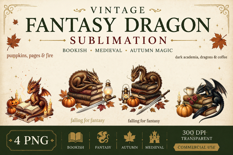 Vintage Fantasy Dragon Sublimation, Autumn Dragon Clipart