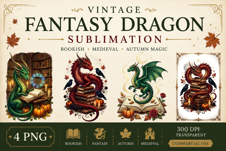 Vintage Fantasy Dragon Sublimation, Autumn Dragon Clipart